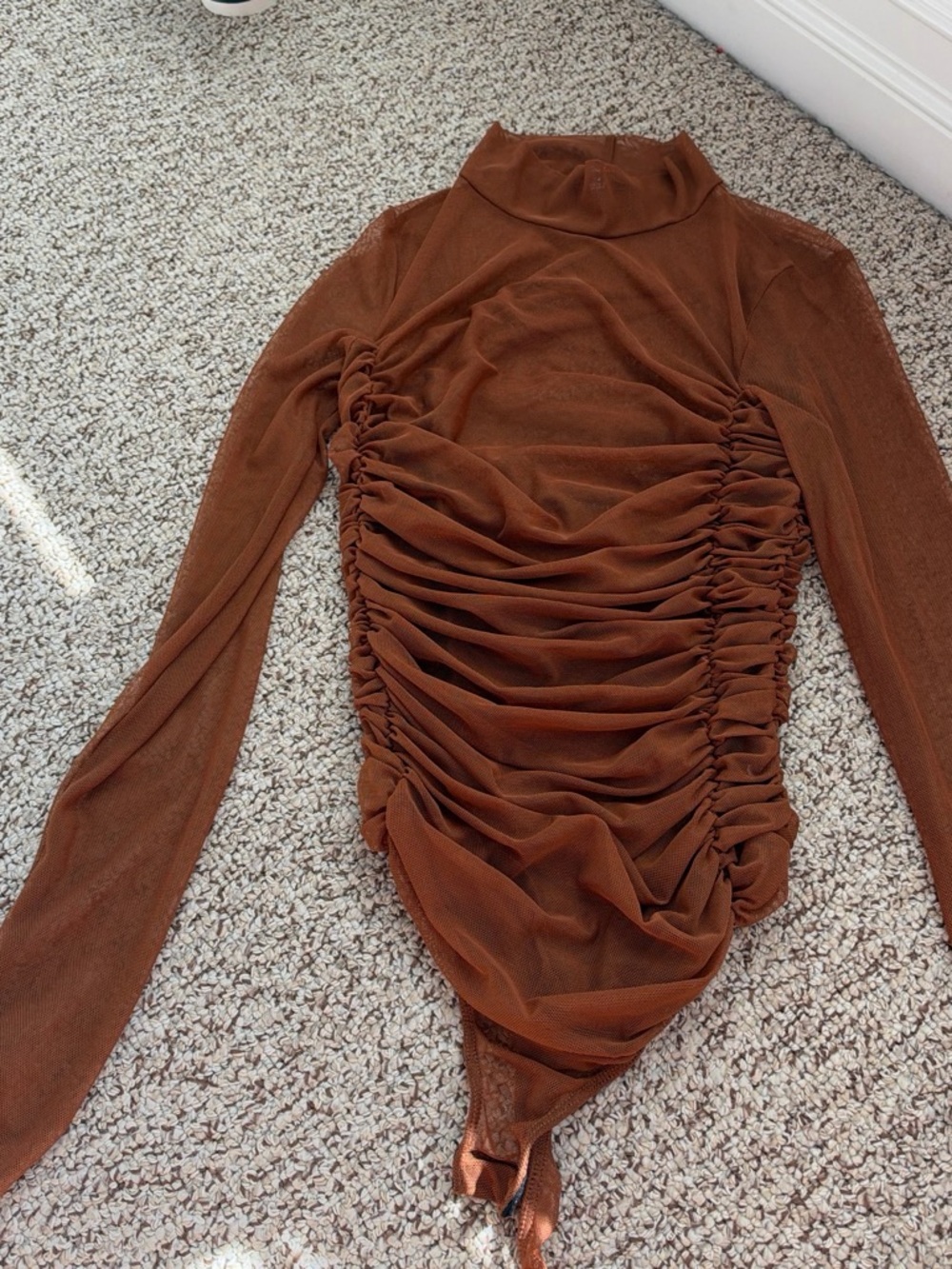 Lulu's Rust Ruched Long-Sleeve Turtleneck Bodysuit